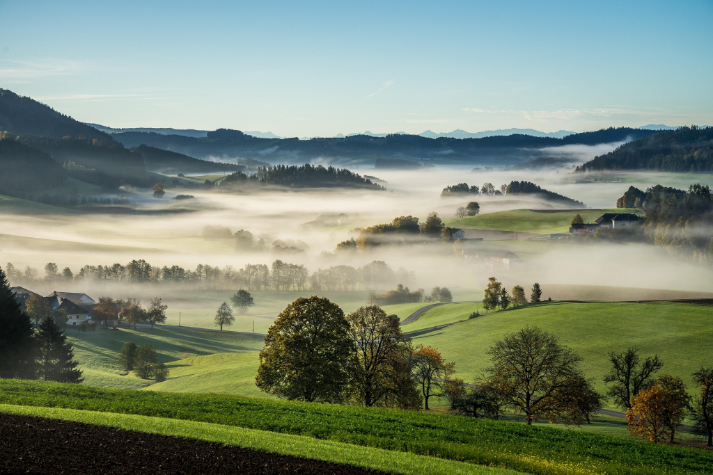 Landschaft im Frühling Nebel über Tal